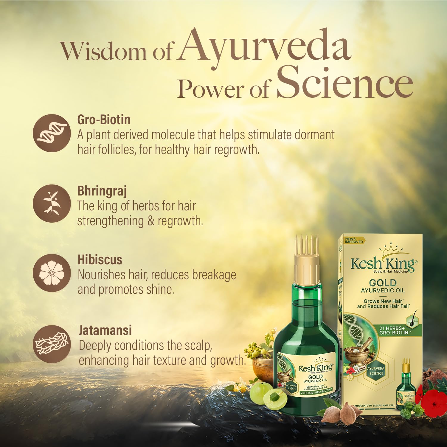 Kesh King Gold Ayurvedic Hair Oil with 21 Herbs and Gro-Biotin, Helps Grow New Hair and Reduce Hair Fall, Comes with a Hairfall Reduction Tracker, 200ml