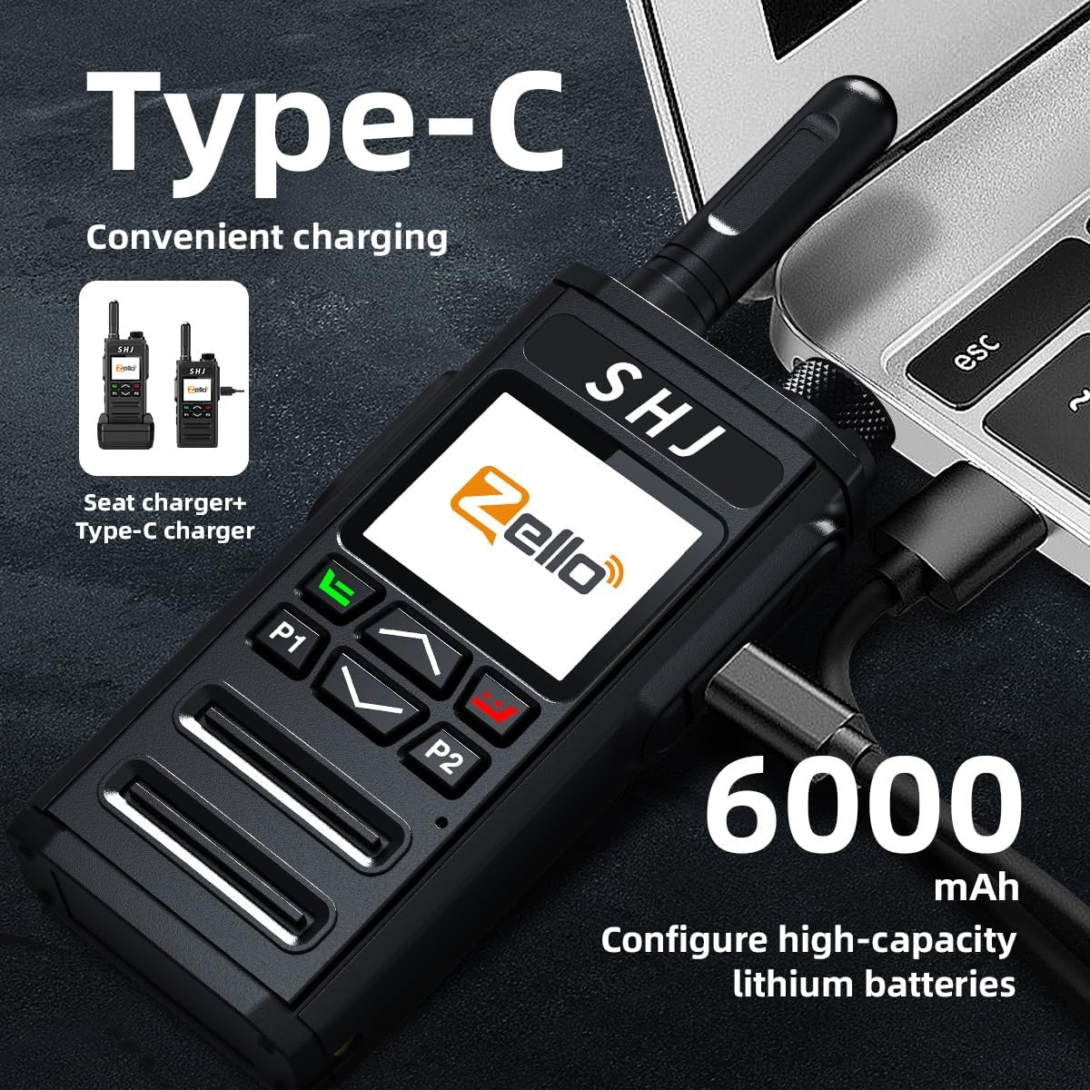 SHJ H28Y Walkie Talkie charging via Type-C cable