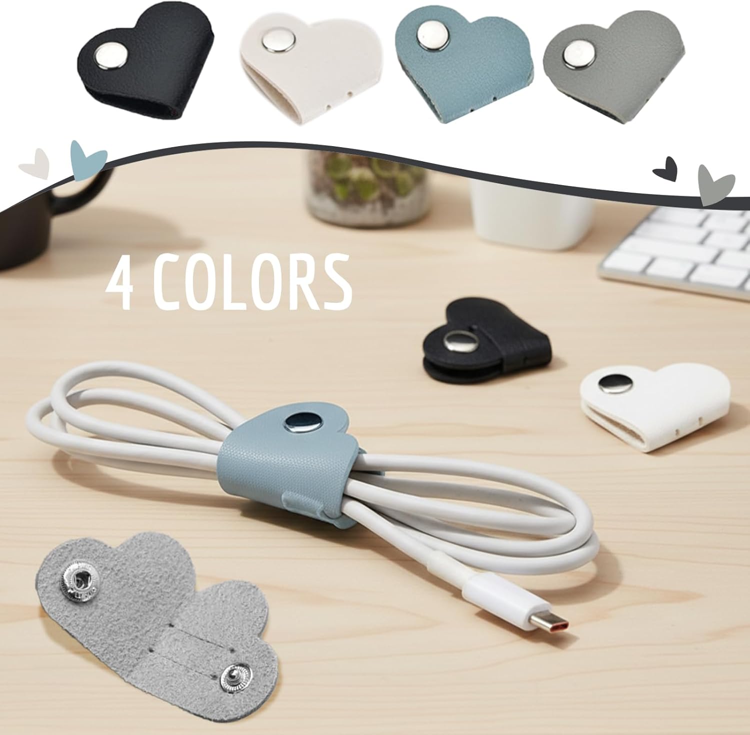 Cable Tie Organizer Keeper-Cord Wrap Cable Strap Earbud Organizer,Set of 8 Heart Design,Snap Closure,for Desk Travel