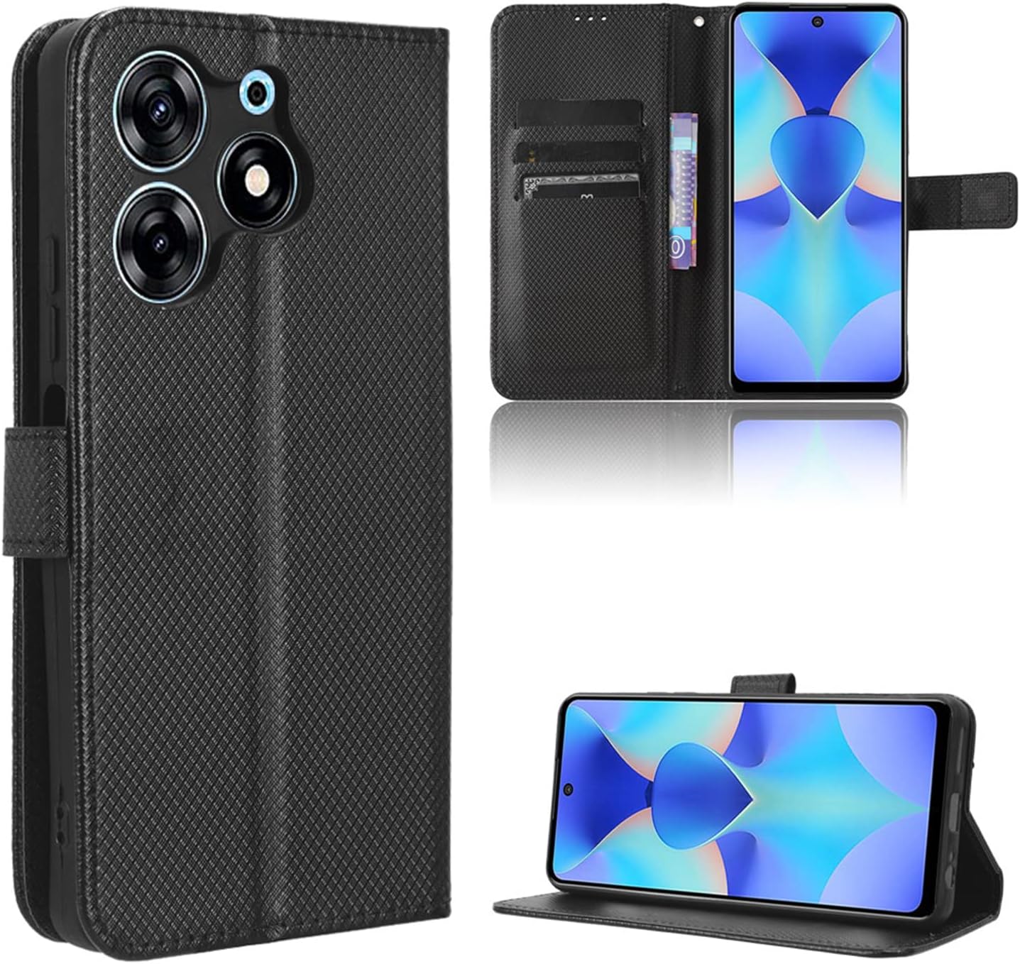 Fashion Lanyard Diamond Texture Leather Cover Compatible with Tecno Spark 10 C Pro Spark10 KI7 KI5k Case Stand Holder Card Slot Wallet Anti-Fall Housing (Tecno Spark 10 Pro,Black)