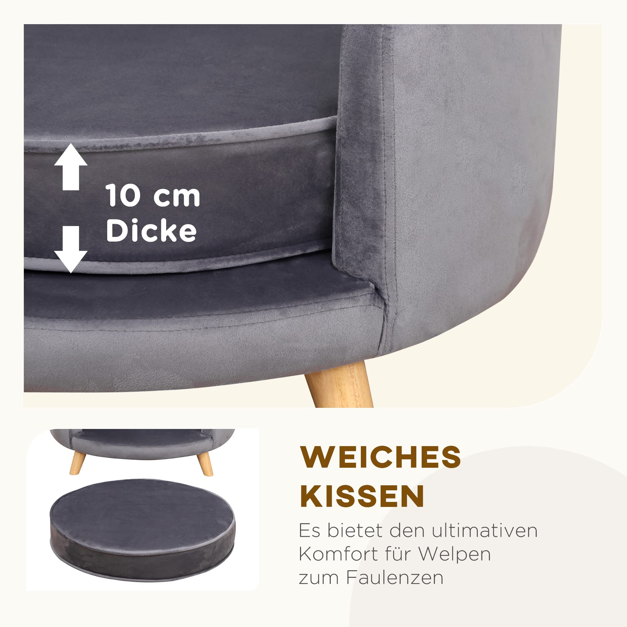 PawHut Hundesofa, Haustiersofa mit Samtoptik, Katzensofa mit Kissen, Hundebett, Hundecouch mit Erhöhtem Design, Hundesessel mit Holzbeine, Grau, 68 x 68 x 35 cm