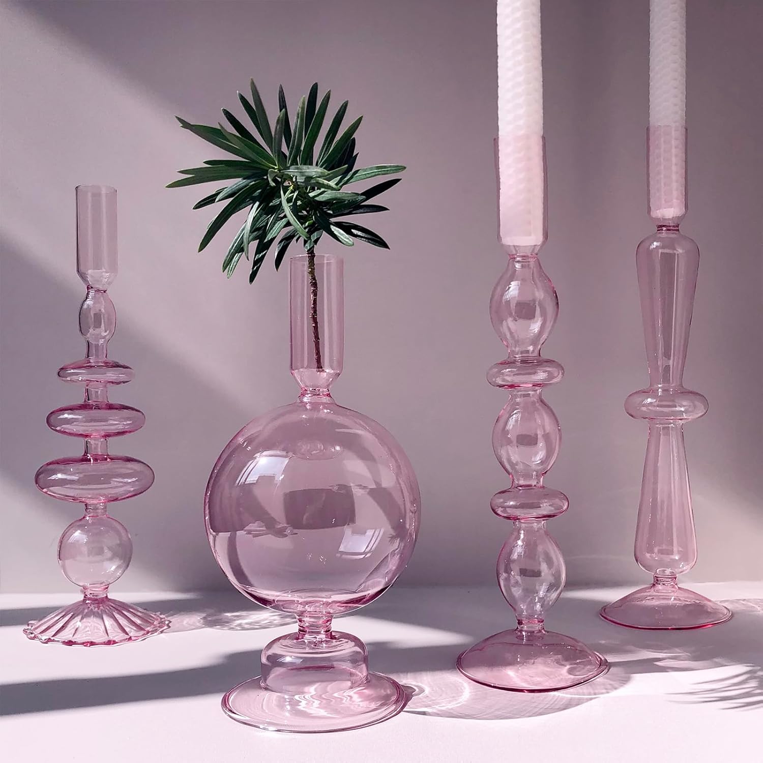 Candle Stick Candle Holder, Glass Candle Holders for Table Centerpiece, Modern Style Green Candle Holder Mixed 4pcs