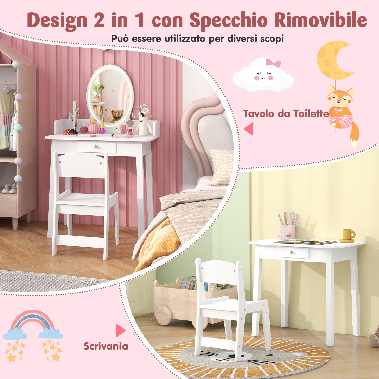 RELAX4LIFE Toeletta Trucco per Bambina con Luci LED, Specchiera Trucco con Sgabello, Toeletta in Legno, Specchio Rimovibile, per Bambini 3+ Anni (Bianco)
