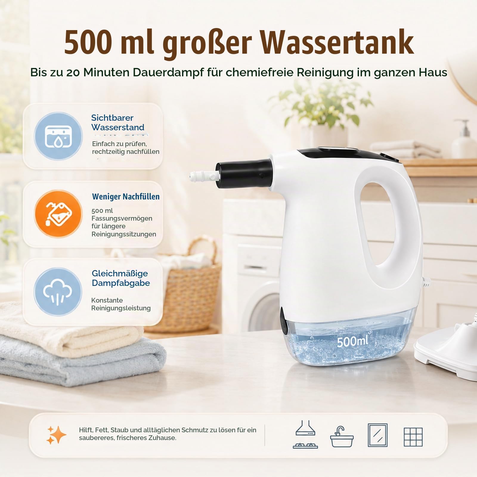 Dampfreiniger multifunktional, mit abnehmbarem Handdampfreiniger, 15S Schnelle Aufheizung Dampfwischer, 3 Dampfstufen, 11 Zubehörteile, 500ML Tank, für Böden, Fliesen, Teppiche, Küche und Fenster