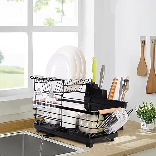 Miniatura 1 de GABIHERE - Escurridor de platos de acero inoxidable de 16.9 x 12.4 x 10.6 pulgadas, escurridor de platos de cocina antideslizante con pies de