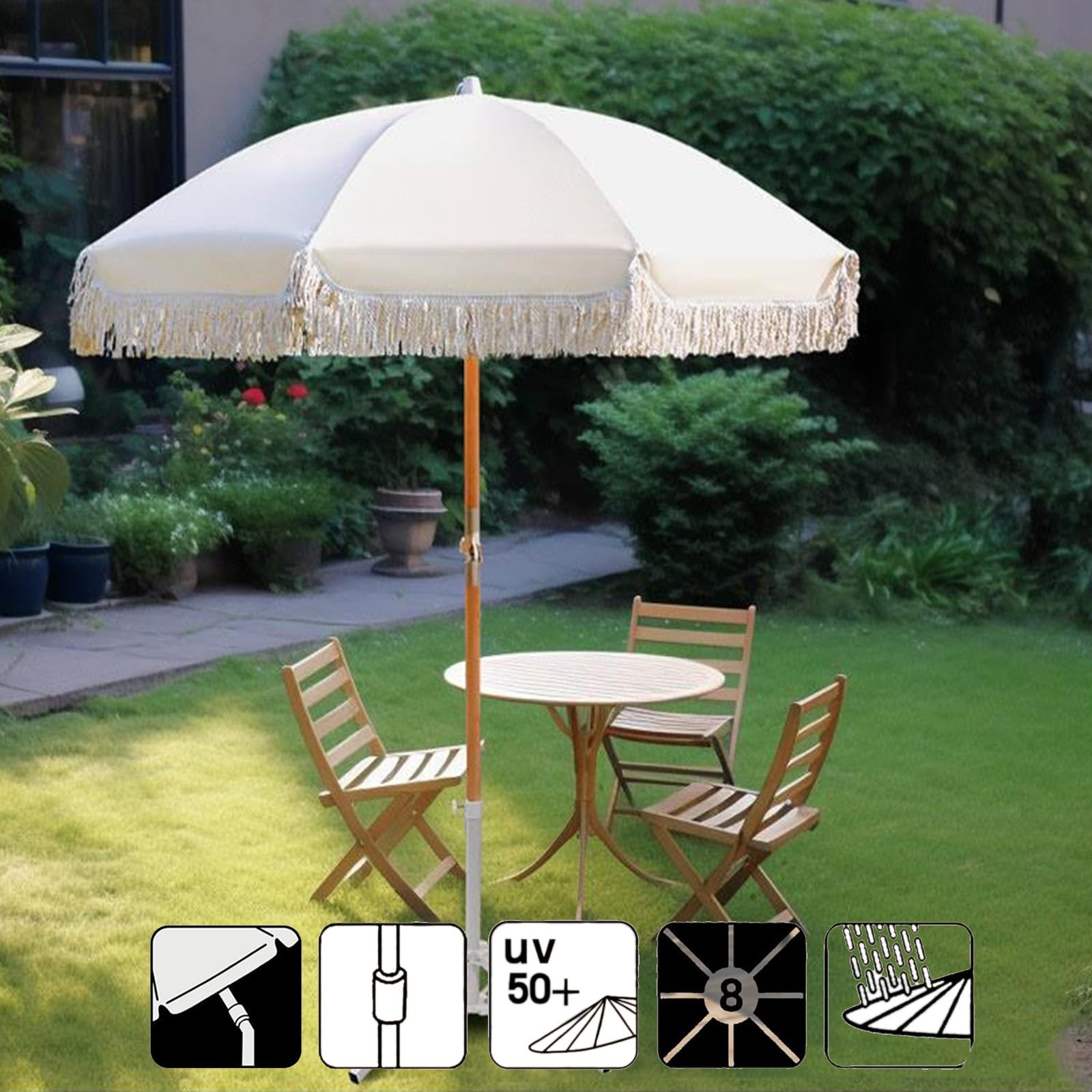 Boho Sonnenschirm Mit Fransen ,Fransen Strand Sonnenschirm,Faltbarer Strandschirm, Sonnenschirm Strand mit Fransen Elegant Rund Garten Balkon Terrasse ,Mit Neigung ( Color : White , Size : 200*215cm/5