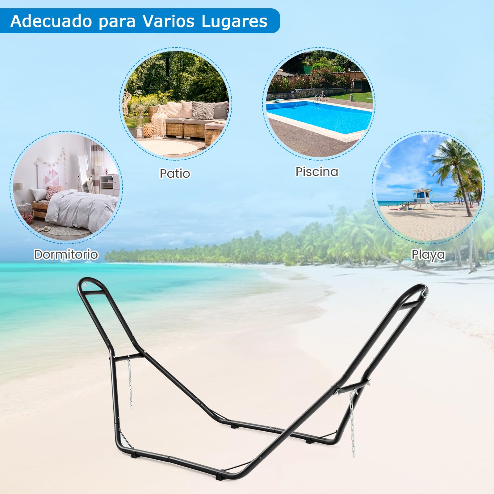 RELAX4LIFE Soporte Hamaca con 2 Ganchos y 2 Cadenas Ajustables, Soporte para Hamaca 2,75-3,6m de Largo con 4 Pies de Plástico para Jardín, Terraza y Salón, Carga 200kg, 280x90x115cm, Negro