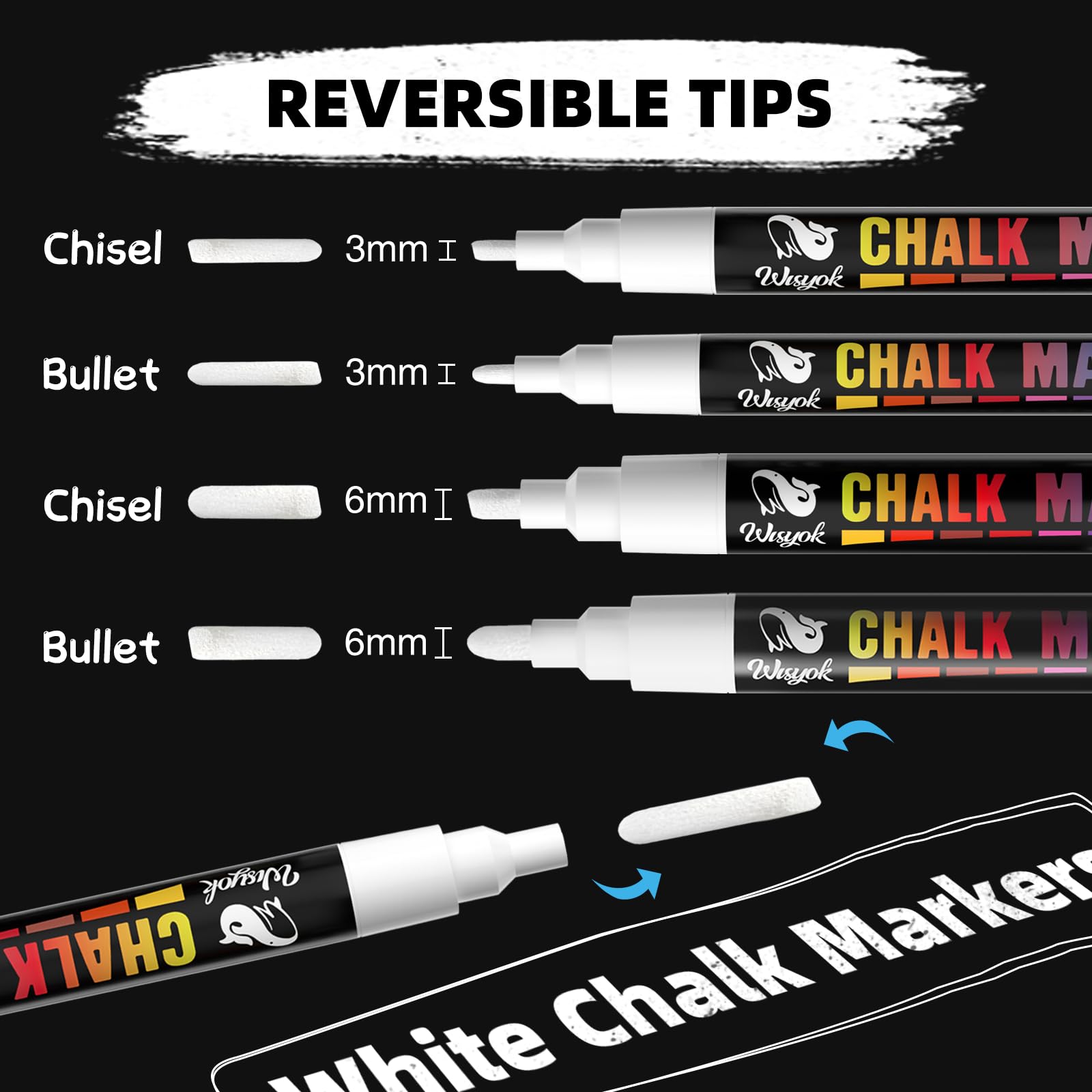WISYOK White Liquid Chalk Pens, 3mm and 6mm Reversible Bullet & Chisel Point Chalk Markers - Image 2