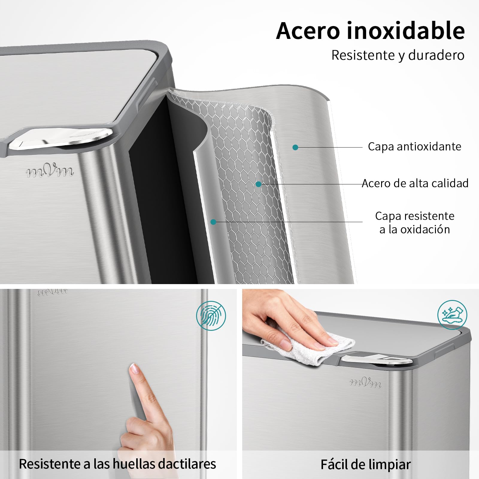 mVm Cubo de Basura con Presión Manual 60L, Acero Inoxidable Antihuellas con Soporte Desmontable, Tapa Amortiguada y Cubo Interior Extraíble