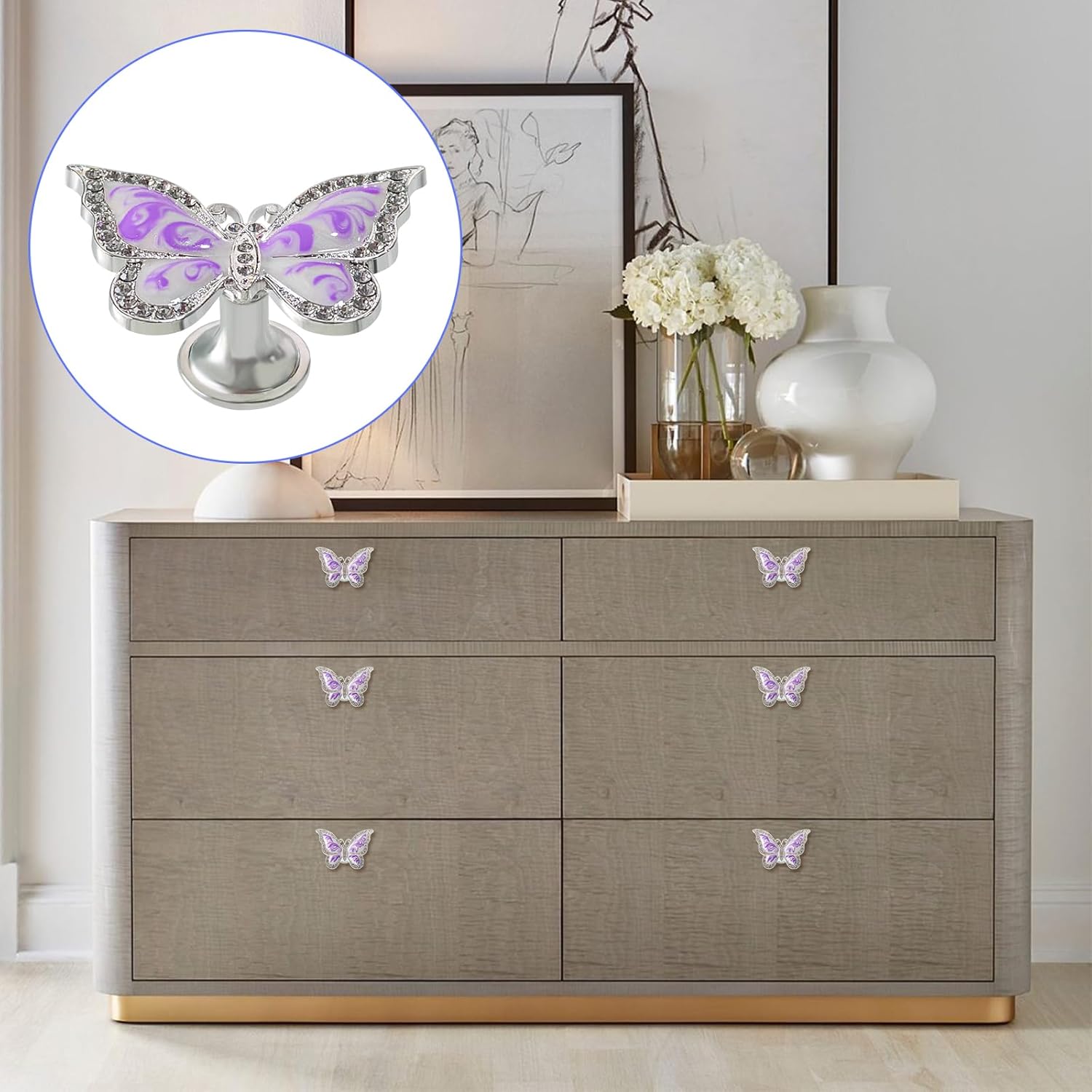 Butterfly Cabinet Knobs,6 Pieces Butterfly Knobs Single Hole Pulls Handles Decorative Door Cabinet Drawer Cupboard Furniture Door Wardrobe (Purple)