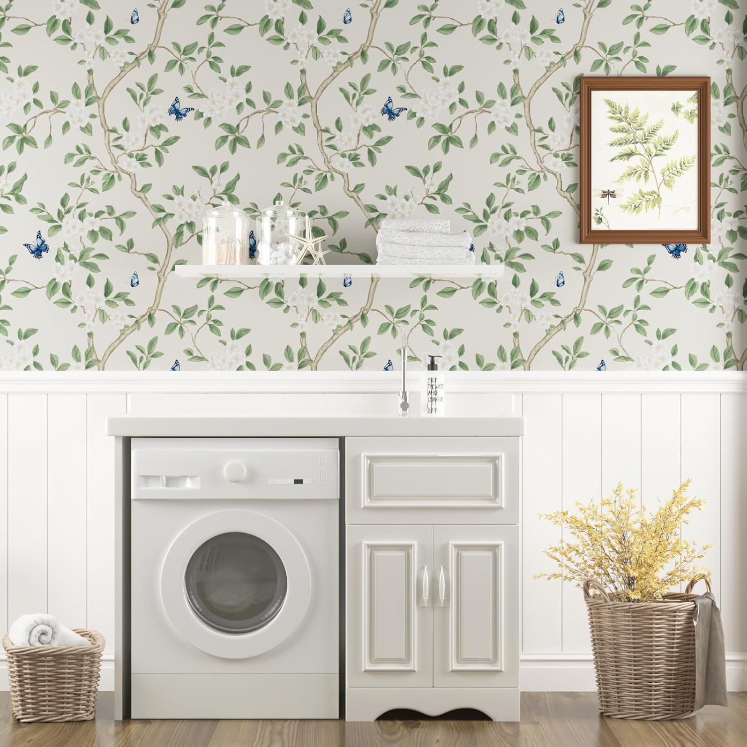 Extra Long Boho Floral Peel and Stick Wallpaper, 17.5In x 393In Chinoiserie Tree Flower Removable Wall Paper for Bedroom Bathroom Cubicle, Vintage Vinyl Botanical Contact Paper Beige Ivory