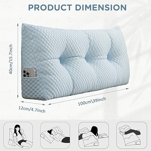 Miniatura 4 de otoez Almohada de cuña de 39.4 x 15.7 x 4.7 pulgadas, almohadas triangulares con respaldo de cuña para leer y sentarse, trabajar, almohada con Azul