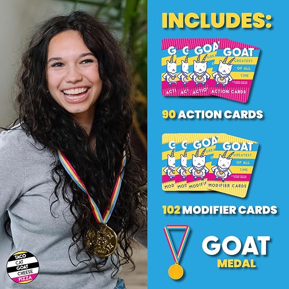 Greatest of All Time Goat Card Game by Dolphin Hat Games | Hilarious Twist on Charades | Funny Improv Family Game for Kids, Teens & Adults | Great Icebreaker for Game Night | 38 Players