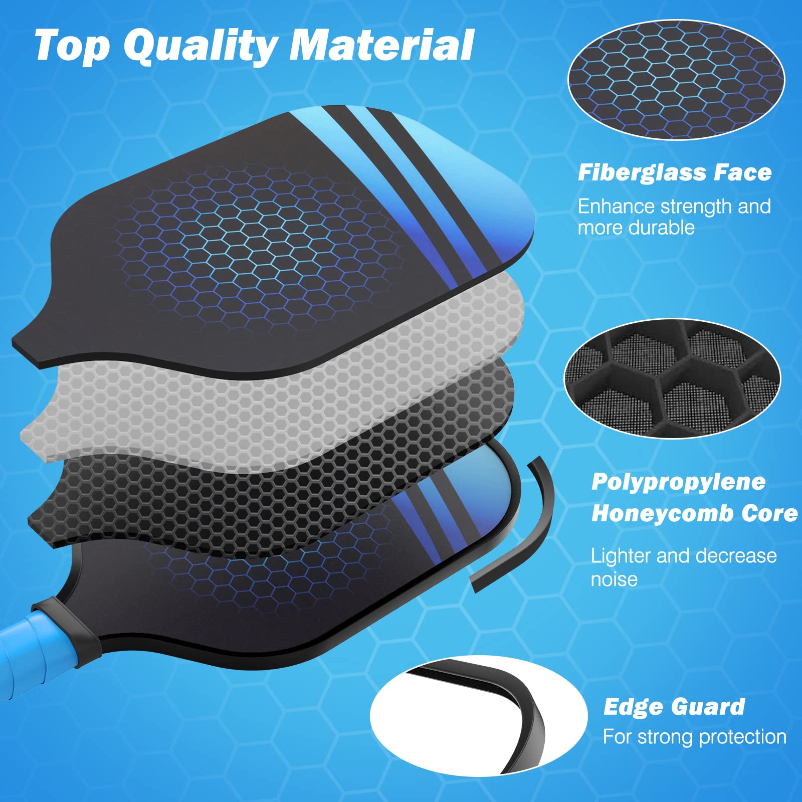 MoKo Pickleball Paddel Set, 2 Paar Leicht Pickleball Schläger aus Fiberglas mit 4 Pickleball Bälle und 1 Pickleball Tasche für Indoor Outdoor Sport Anfänger und Professionelle Spieler, Blau + Lila