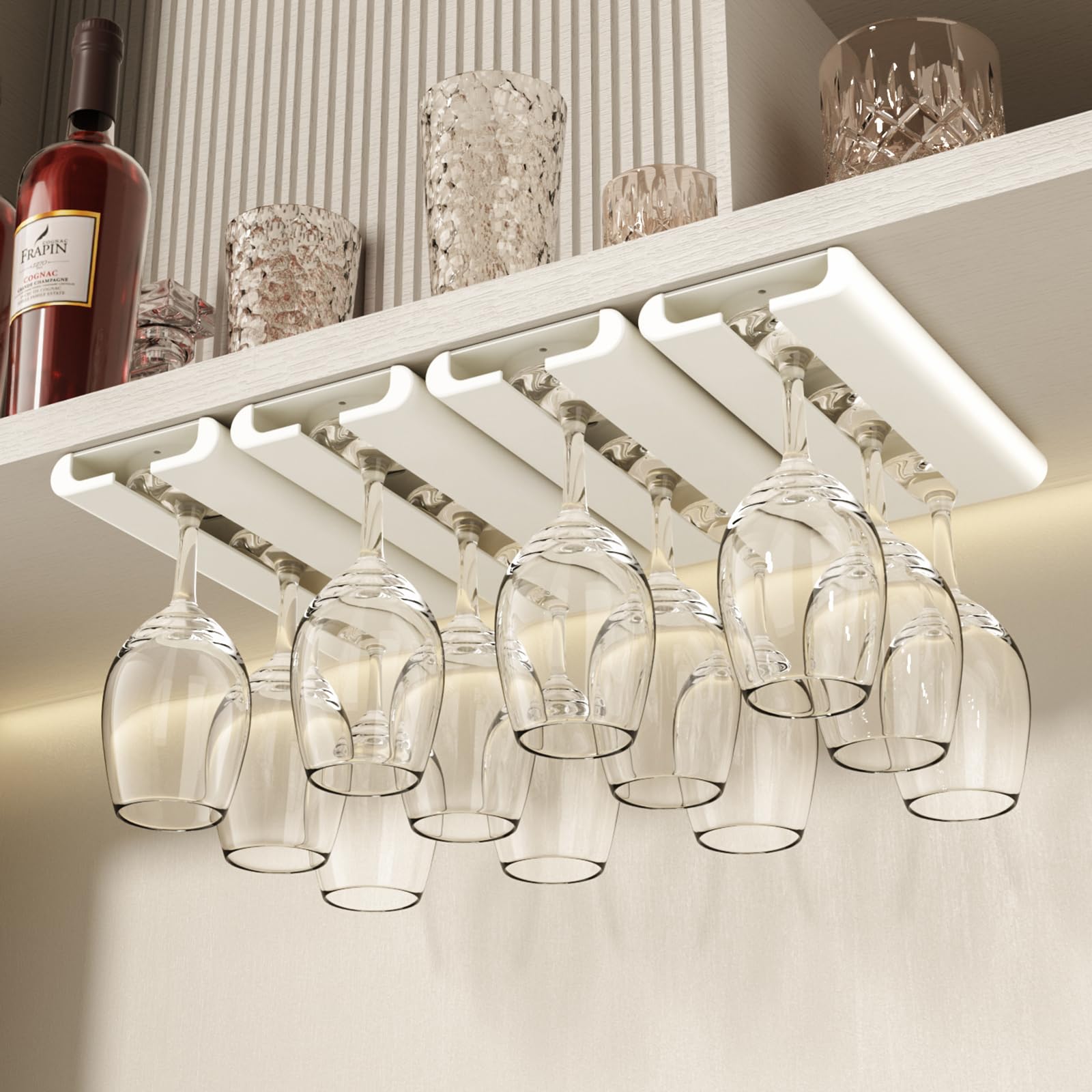 Vaisoeny 4Pack Wine Glass Holder - Under Cabinet, No Drilling Installation, Stemware Rack, Glass Hanging Rack for Kitchen and Bar (White)