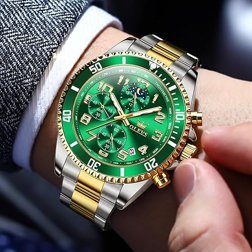 Miniatura 2 de OLEVS Relojes para hombre de lujo con cronógrafo, elegantes, con fases lunares, de dos tonos, de acero inoxidable, impermeables, luminosos, con