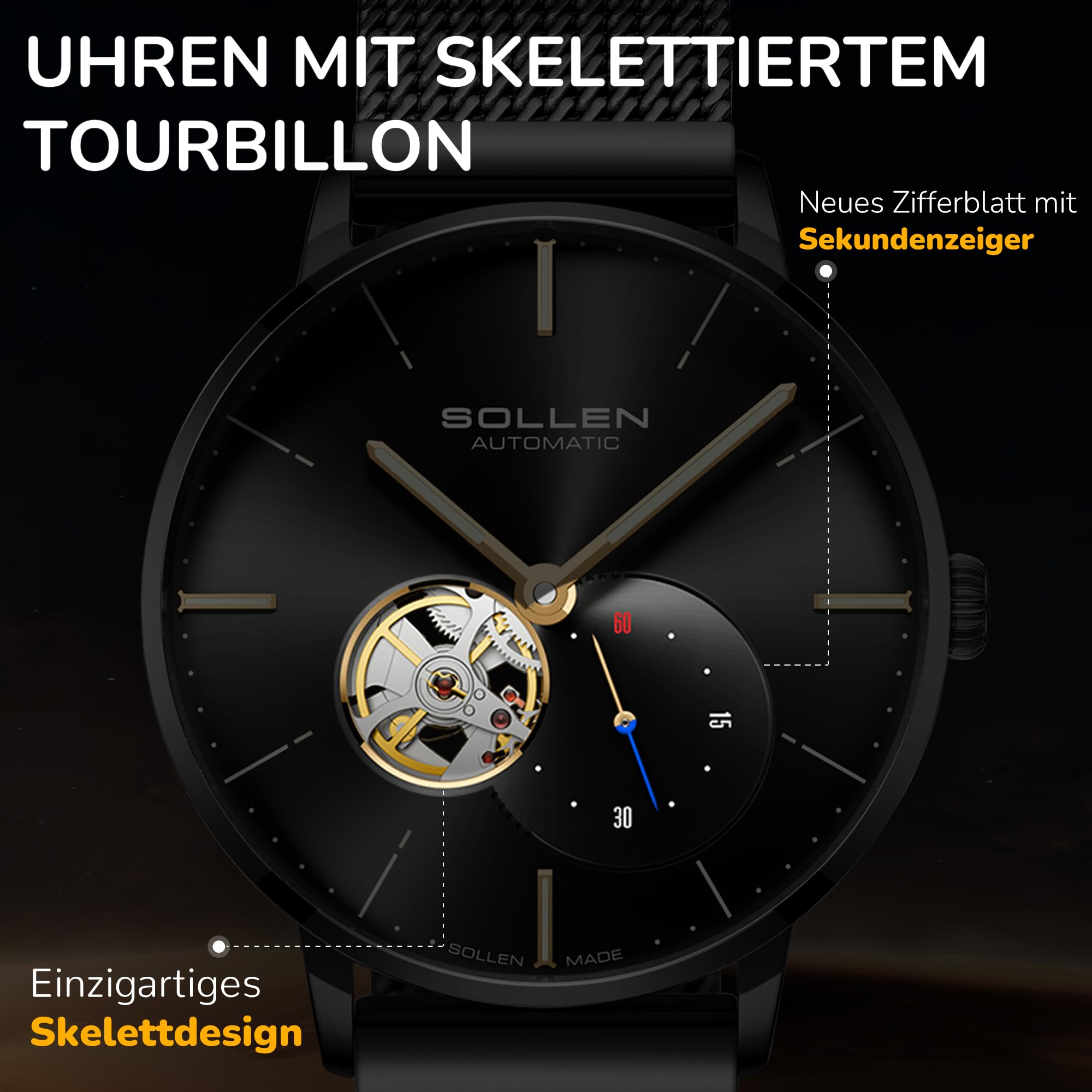 SOLLEN Automatikuhren Herren mit Skelettzifferblatt,Automatische Herrenuhren,Originales Mechanisches Uhrwerk,Leuchtend Selbstaufzug Herrenuhr mit Sekundenzeiger,Armbanduhren als Geschenk für Männer