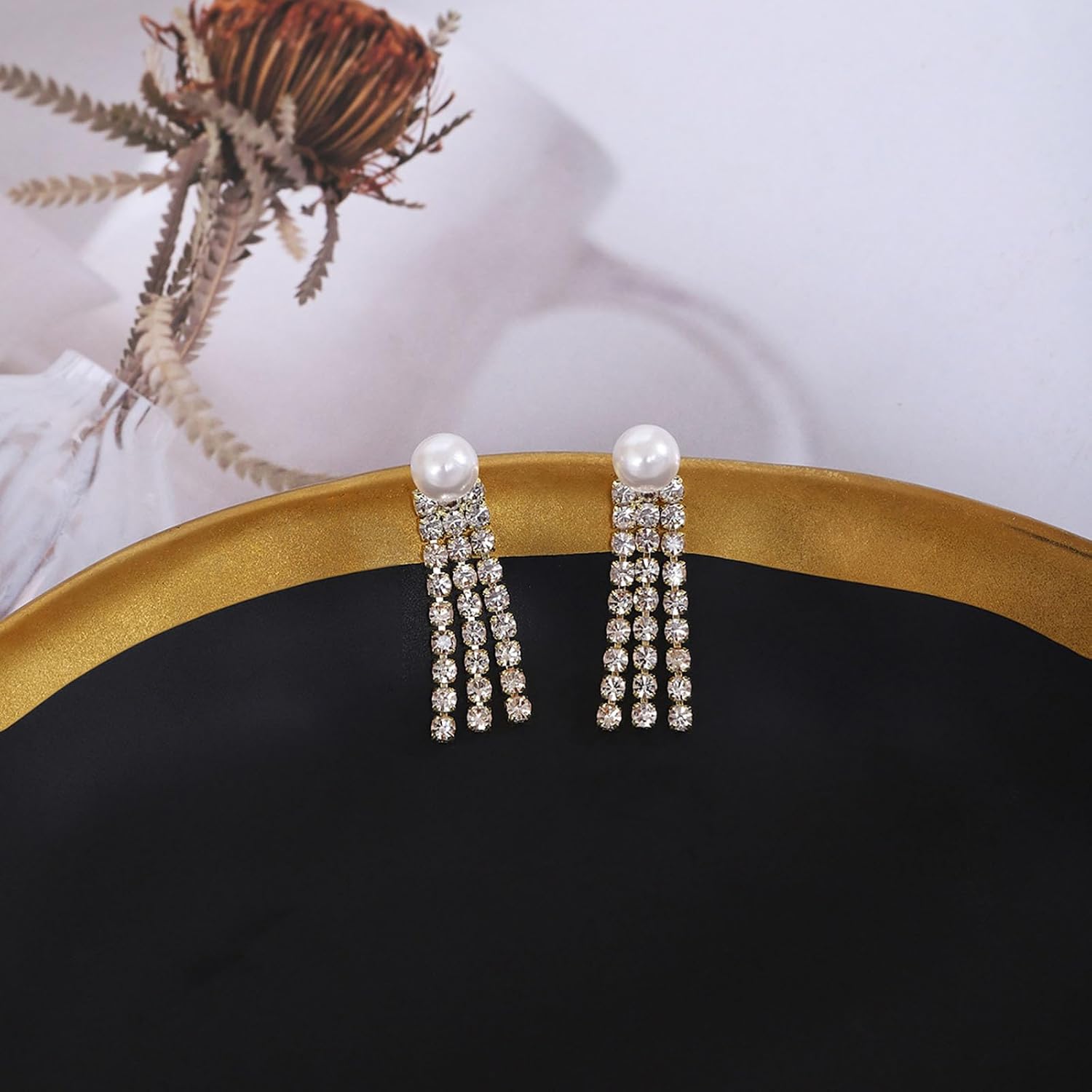 W WEILIRIAN Crystal Tassel Drop Earrings Boho Pearl Stud Earrings Cz Tassel Chain Earrings Gold Bridal Tassel Dangle Earrings Rhinestone Pearl Wedding Earrings Jewelry for Women - Image 5
