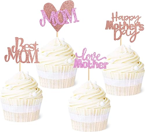 Ercadio Paquete de 24 adornos para cupcakes para el Día de la Madre con purpurina de oro rosa con purpurina "I Love Mom" para cupcakes de