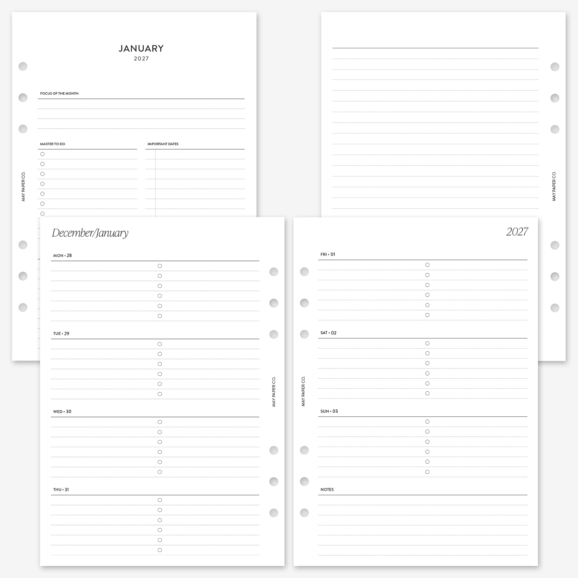 MAY PAPER CO. Ricarica per agenda settimanale 2027, formato A5, settimana su due pagine, per agenda A5 Filofax e LV GM a 6 anelli, 14 x 20,3 cm (orizzontale, a righe con attività)
