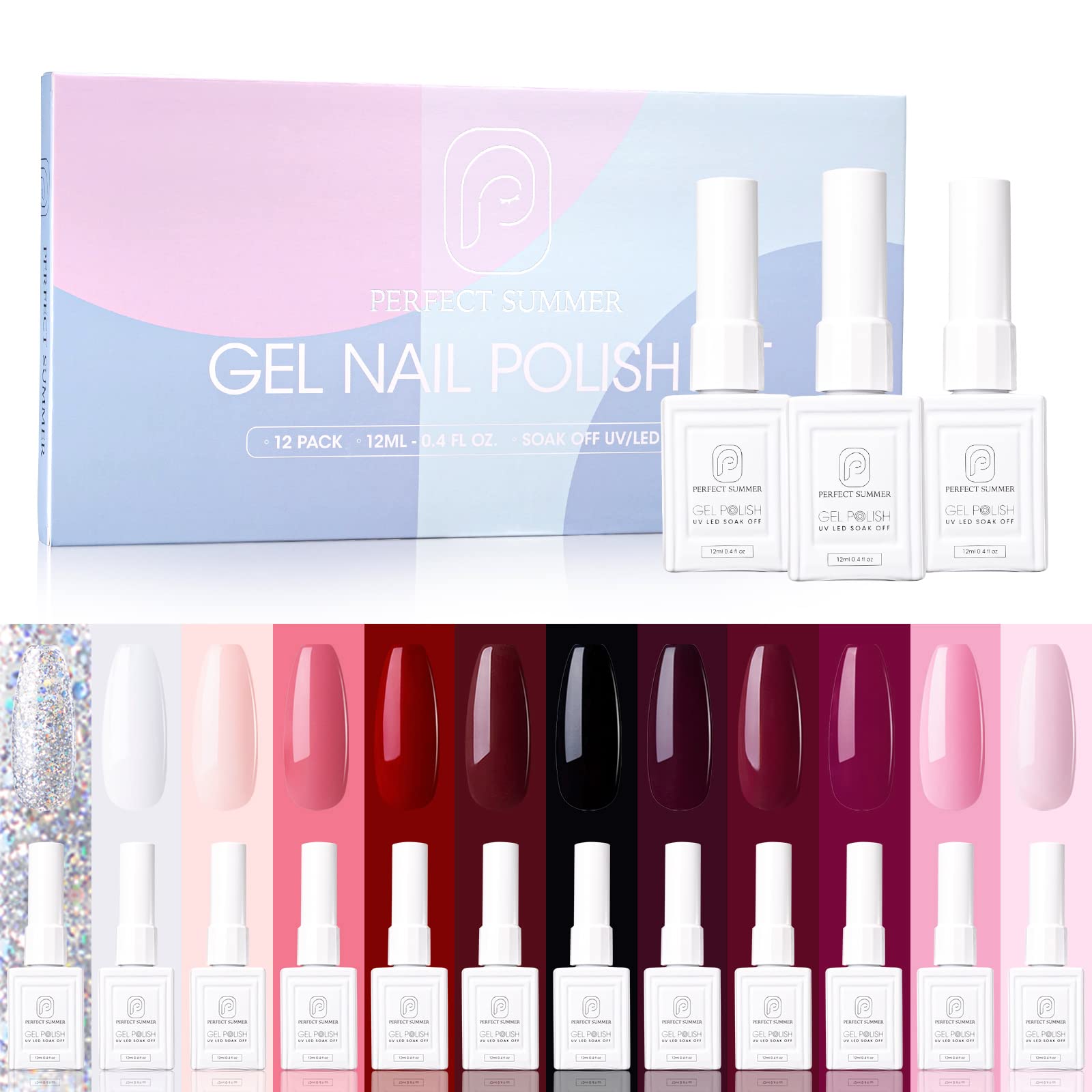 Perfect Summer Gel Nail Polish Set -12 Colors Red Gel Polish UV/LED Soak Off Nail Polish Gel Kit Gifts for Women DIY Salon Manicure at Home