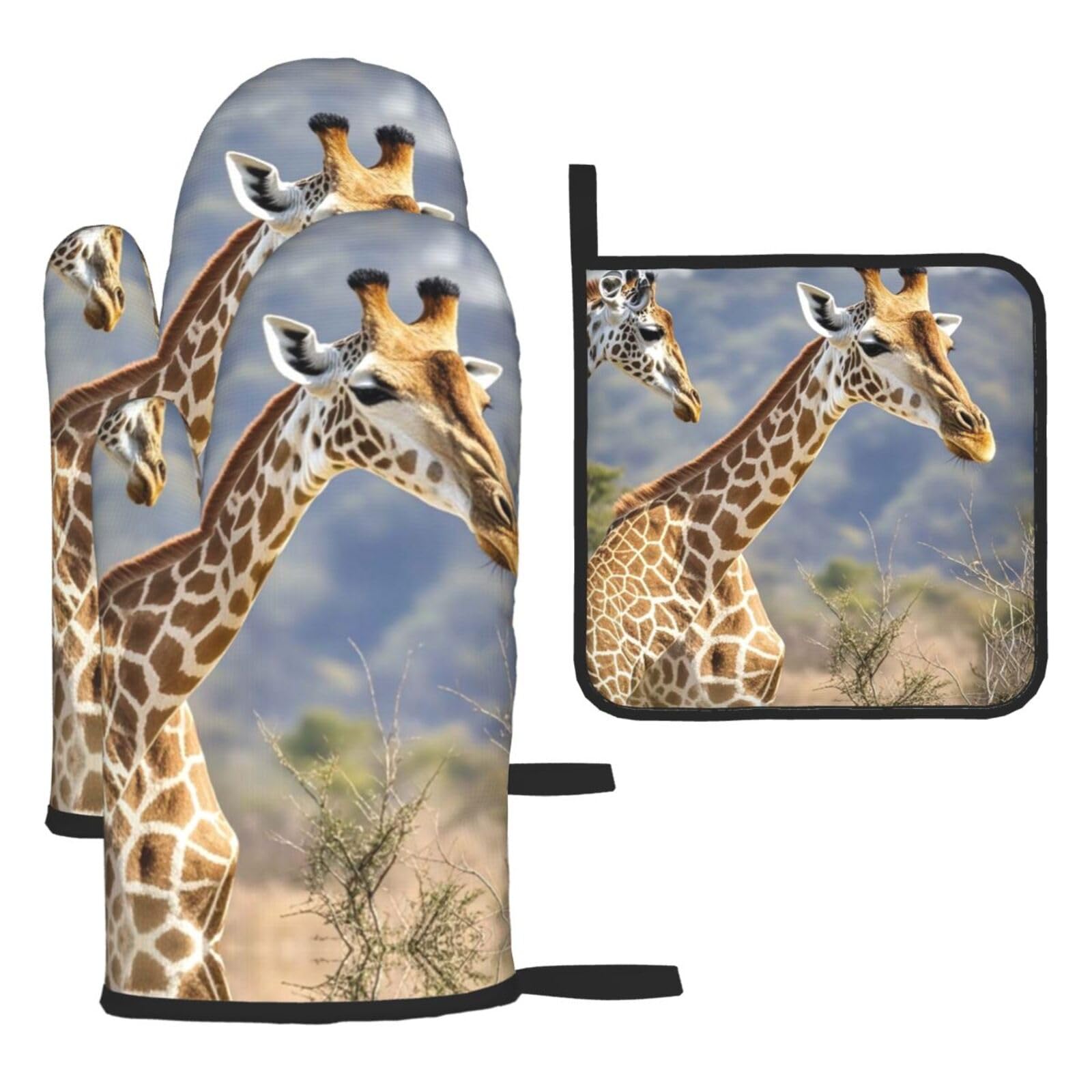 Oven Mitts and Pot Holders Set of 3 Heat Resistant Non-Slip Kitchen Gloves Hot Pads Giraffe Mittens Non-Slip Potholders for Cooking Baking Grilling BBQ
