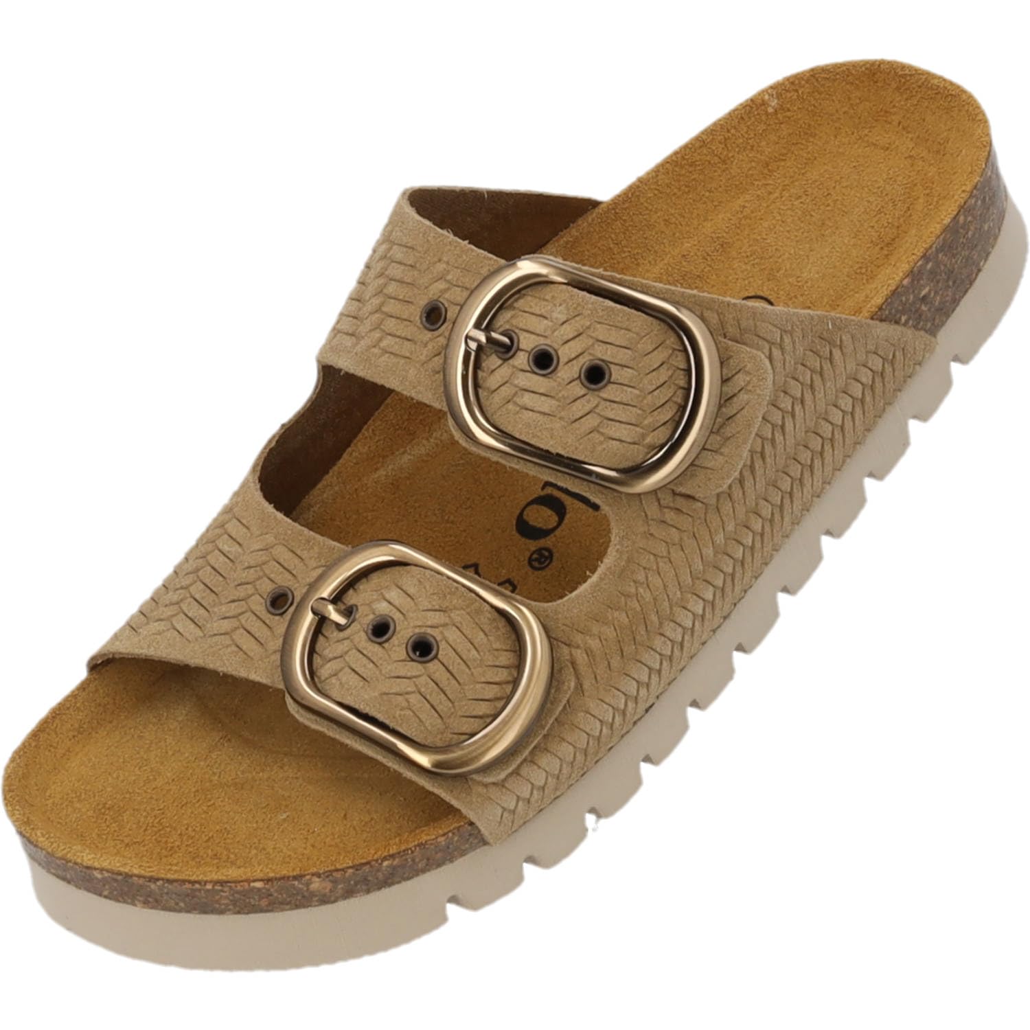 Palado Damen Pantoletten Korfu OGS MP Rafia Premium Leather - Sandalen Made in Spain - elegante Hausschuhe mit Kork-Fußbett - modische Sommerschuhe