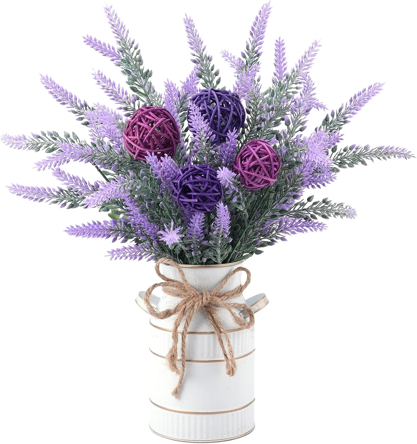 Artificial Lavender Flowers Wicker Rattan Balls with Milk Can Floral Arrangements, Faux Lavender Plant in Vintage Metal Vase Farmhouse Bathroom Dining Room Kitchen Centerpiece Table Decorations