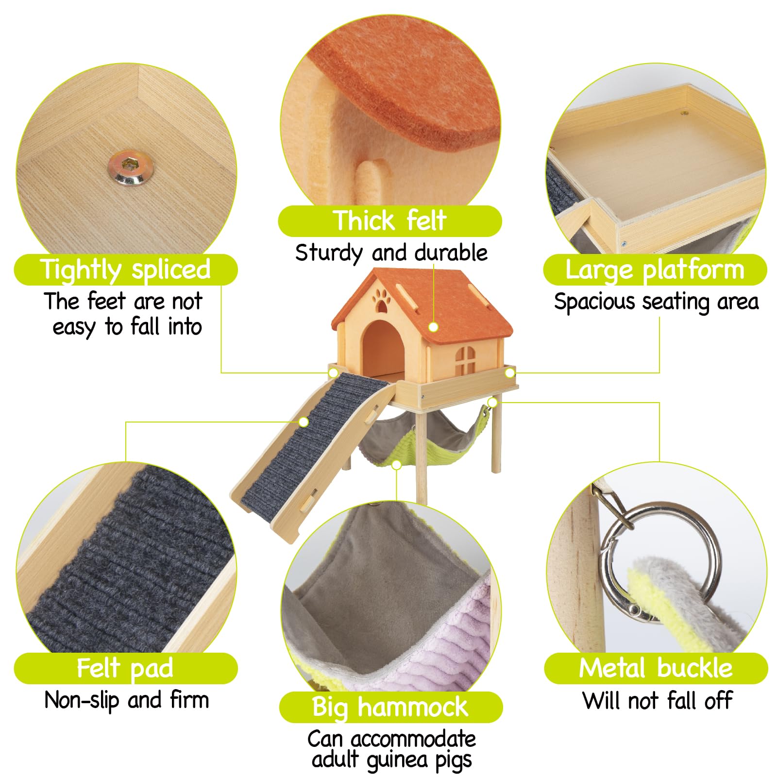 BESNEW Hamaca de cobaya 3 en 1 ampliada, escondite de madera con casa, plataforma y escaleras, juguetes de animales pequeños para ocultar actividades para dormir