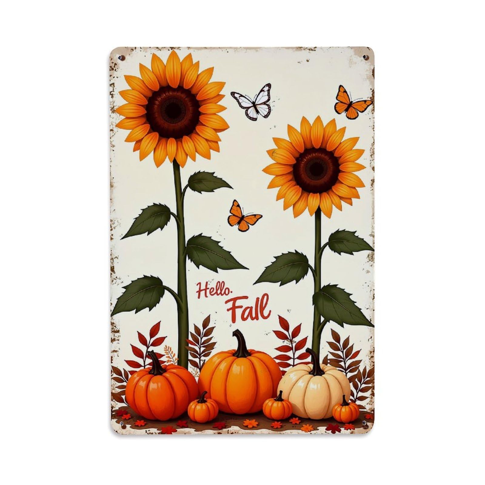 Sunflower Pumpkin Butterfly Autumn Leaves Retro Metal Tin Sign, Vintage Decor Art Poster for Bar, Home, Man Cave, Kitchen, Laundry Room Gift 8x12Inch