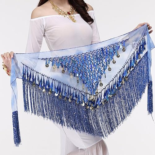 Miniatura 7 de MUNAFIE Belly Dance Hip Scarf with Tassels Sequins, Triangle Coins Wrap Skirt Music Festival Clothing Skirt