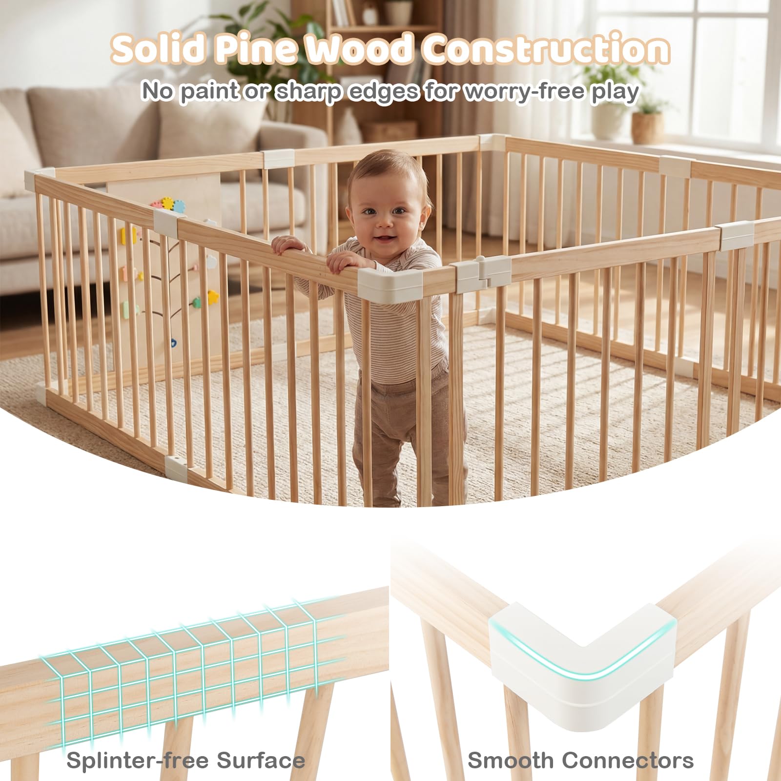 FANTASK Box per bambini in legno di pino, box pieghevole con 8 pannelli, porta, chiusura di sicurezza e tavola Montessori, griglia per gattonare espandibile per neonati e bambini, 160 x 160 cm