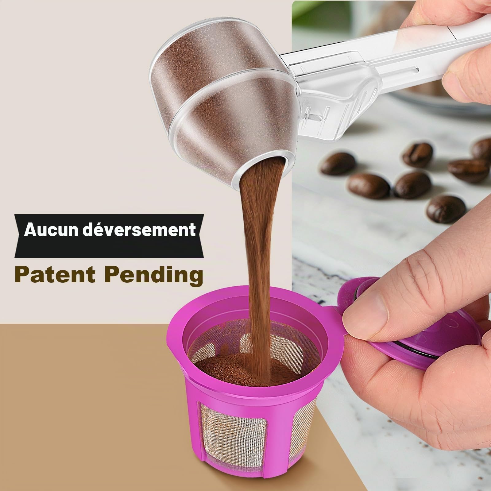 Lot de 2 cuillères à café et entonnoir pour dosettes de café réutilisables et rechargeables, capacité de 2 cuillères à soupe, pelle avec entonnoir pour café moulu, poudre de protéine, thé (transparent