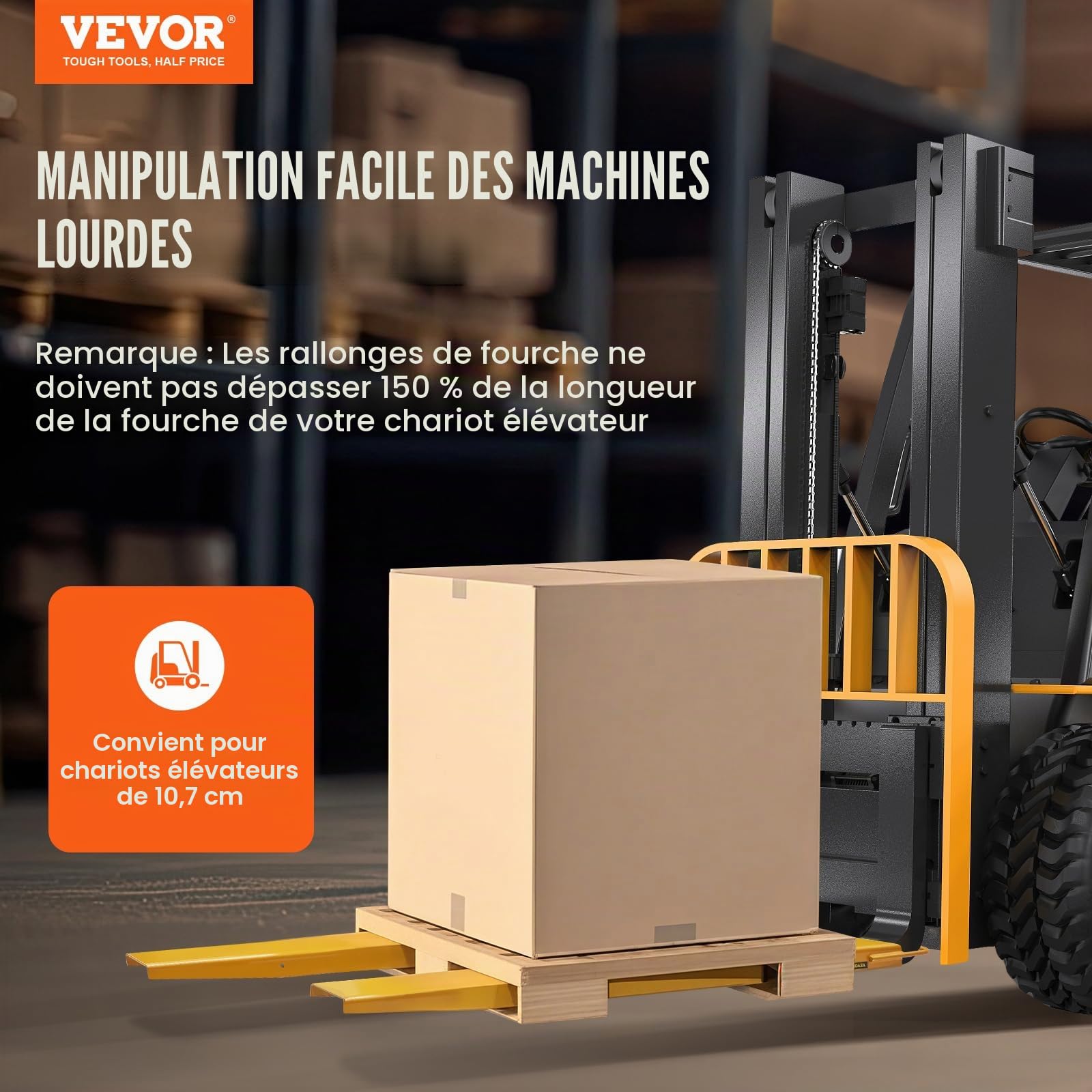 VEVOR Rallonges de Fourches à Palette 1520x115 mm Extensions de Fourche pour Chariot Élévateur Industriel 1 Paire Acier au Carbone Robuste pour Déplacer et Transporter Charges Volumineux Lourds, Jaune