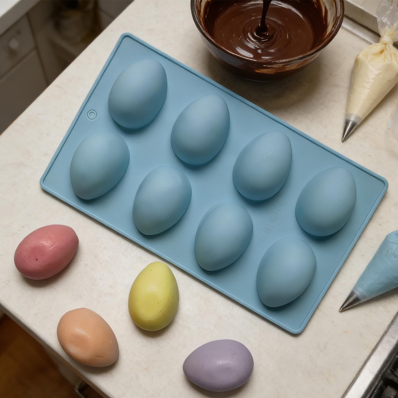 Confezione da 5 stampi in silicone per uova di Pasqua per cottura al forno, stampi per cioccolato a 8 cavità, antiaderenti, per congelatore, Mo