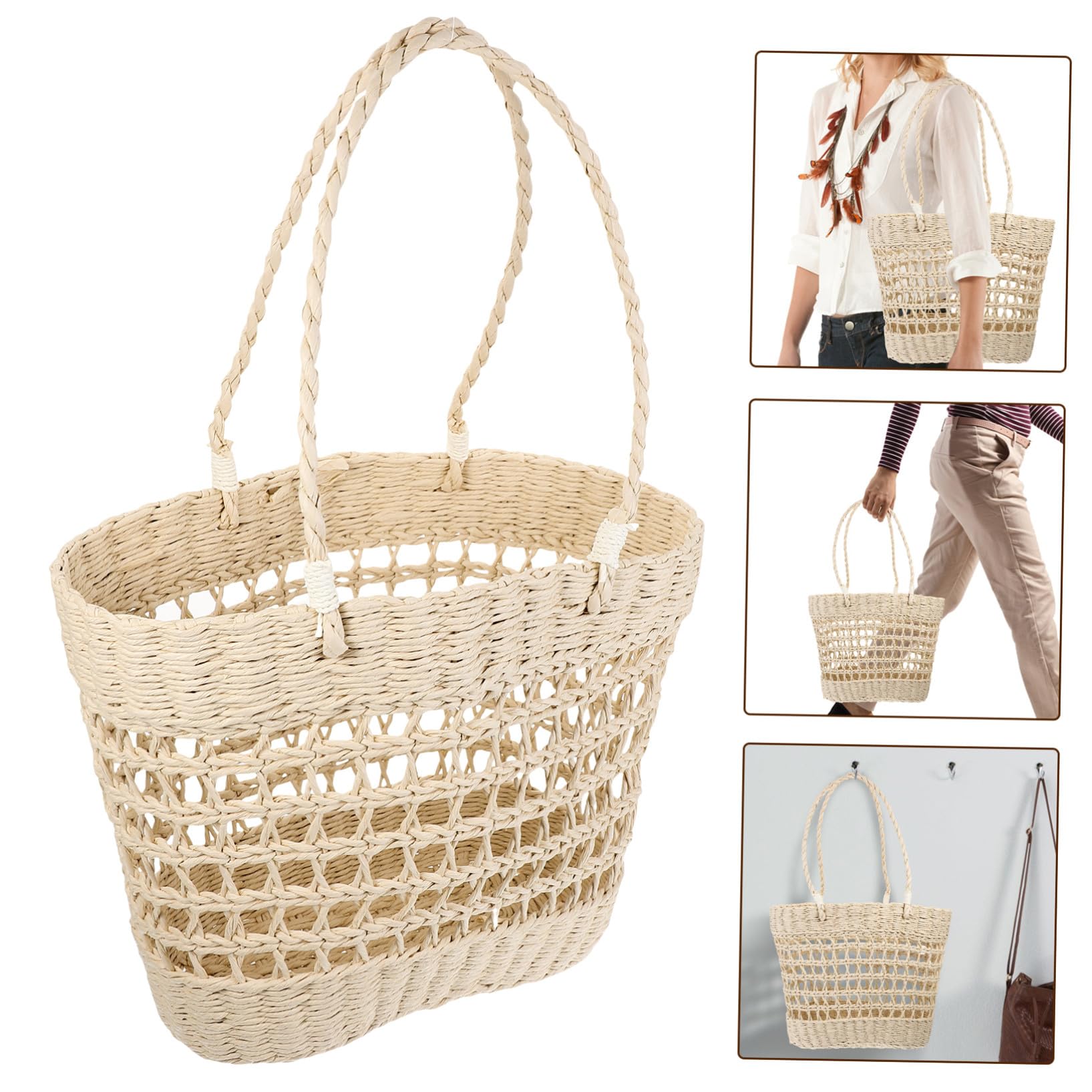 Sommer Strandtasche Damen Woven Tote Handtasche aus Papierfaden Geflochtene Hohle Strandtasche Freizeit Urlaubstasche Leicht und Geräumig für Shopping Camping