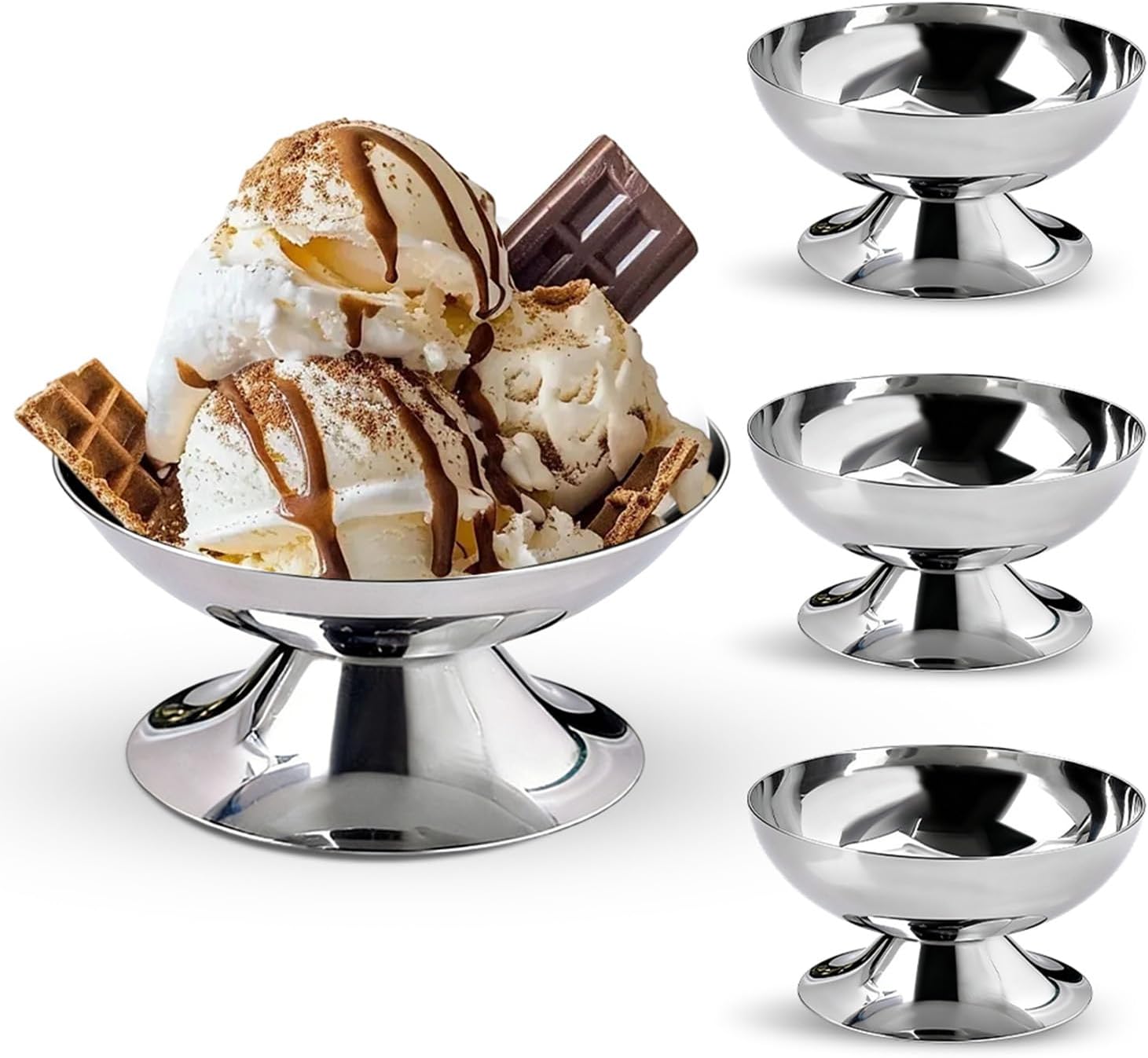 4 kubki do lodów ze stali nierdzewnej 200 ml, miseczki deserowe z nóżką (Ø 10 cm) do lodów, jogurtu, sałatek owocowych i budyniu – eleganckie miseczki Sundae, idealne na wesele, imprezę, do kawiarni i