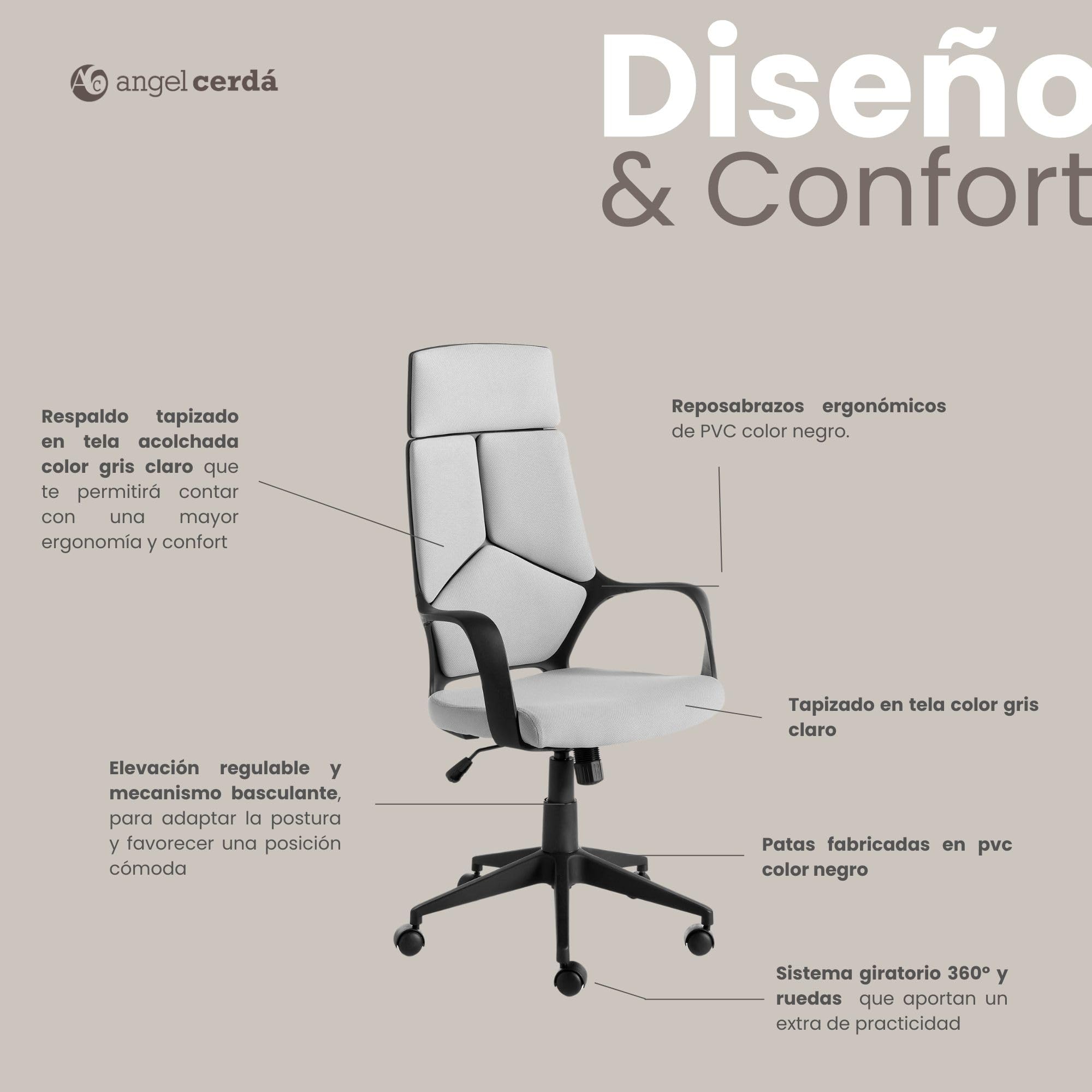 Angel Cerdá – Silla Escritorio Premium Giratoria, Tapizada en Tela Gris | Silla Escritorio Ergonomica Respaldo Ancho y Reposabrazos | Patas Acero Cromado | 63 x 63 x 117/127 cm