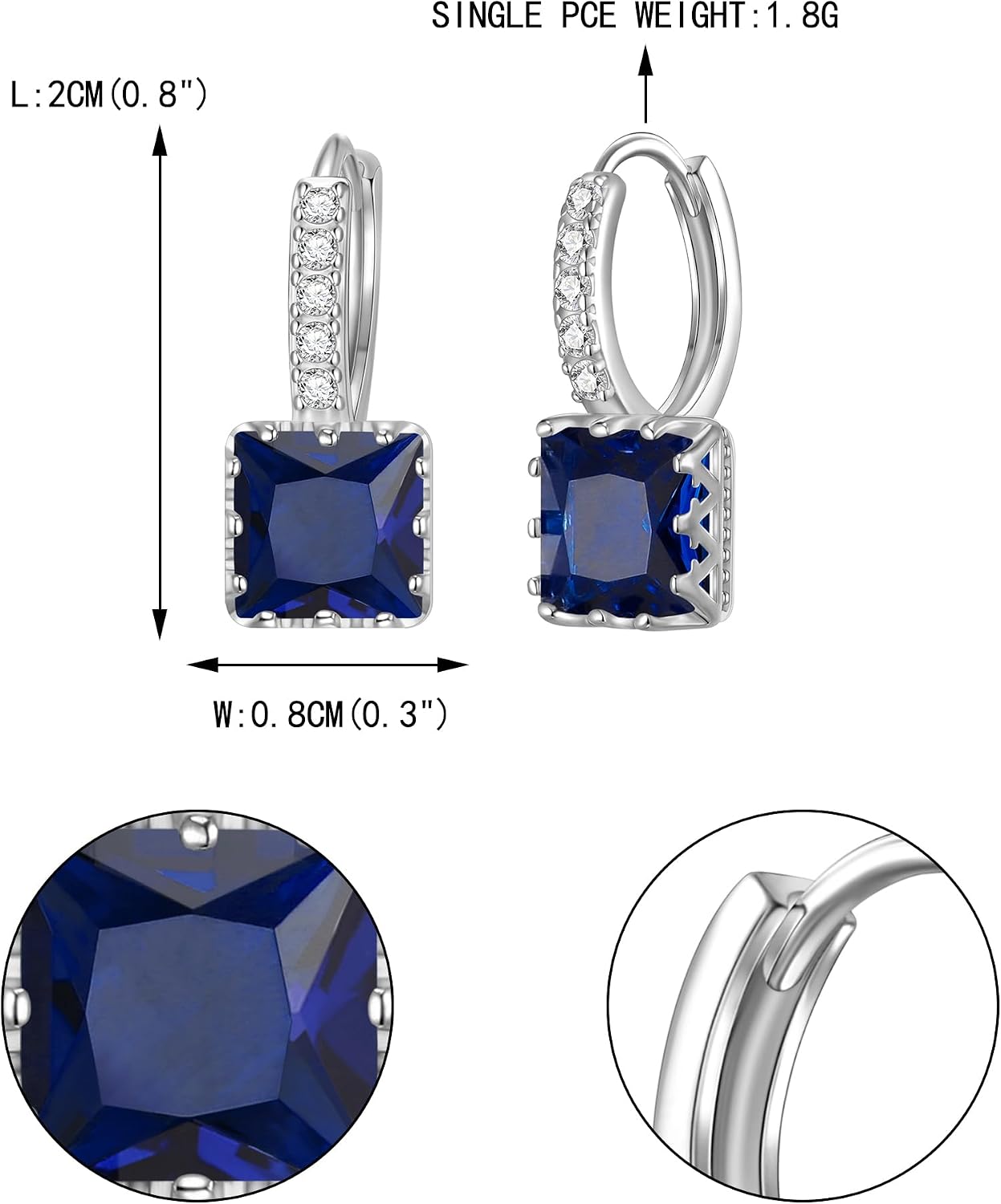 EVER FAITH Orecchini A Cerchio Donna In Zirconia Cubica - Quadrati, Blu Zaffiro, Tonalità Argento, Ipoallergenici, Con Scatola Regalo