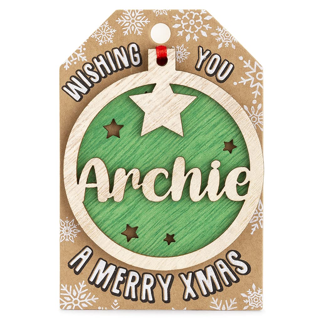 Personalised Wooden Archie Name Green Hanging Christmas Tree Bauble Decoration