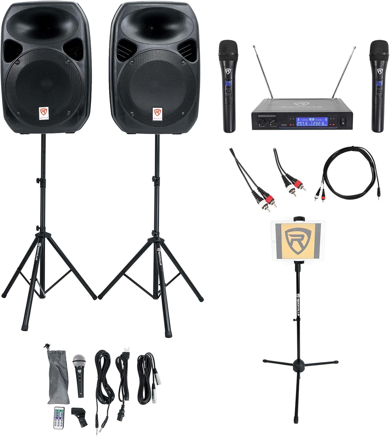 Rockville Karaoke System Bundle: RPG122K Dual 12" Powered Speakers Bluetooth, Mic, Stands with iStand 20 Tripod Stand, RWM1203VH Dual VHF Dynamic Microphone, (2) RCA Cables, 5-Items