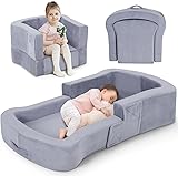 Toddler Travel Bed, 2-in-1 Foldable Portable Toddler Bed Sofa Chair, Soft Baby Kids Travel Floor Cot with Washable Covers Safety Foam Raised Bumper for Camping Hotel Sleeping (Grey)