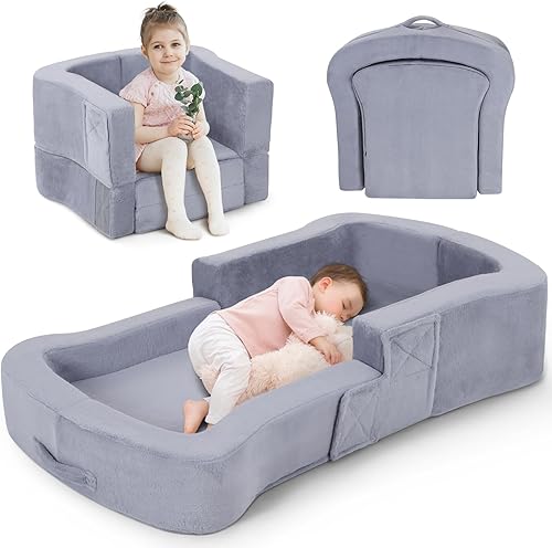 Cama de viaje para niños pequeños, sofá plegable portátil 2 en 1, cama suave, cuna de viaje para bebés y niños con fundas lavables, parachoques