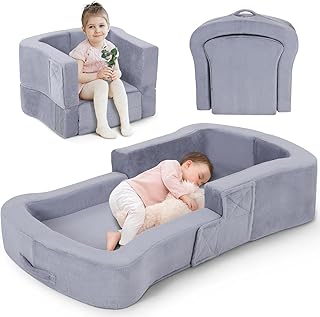 Toddler Travel Bed, 2-in-1 Foldable Portable Toddler Bed Sofa Chair, Soft Baby Kids Travel