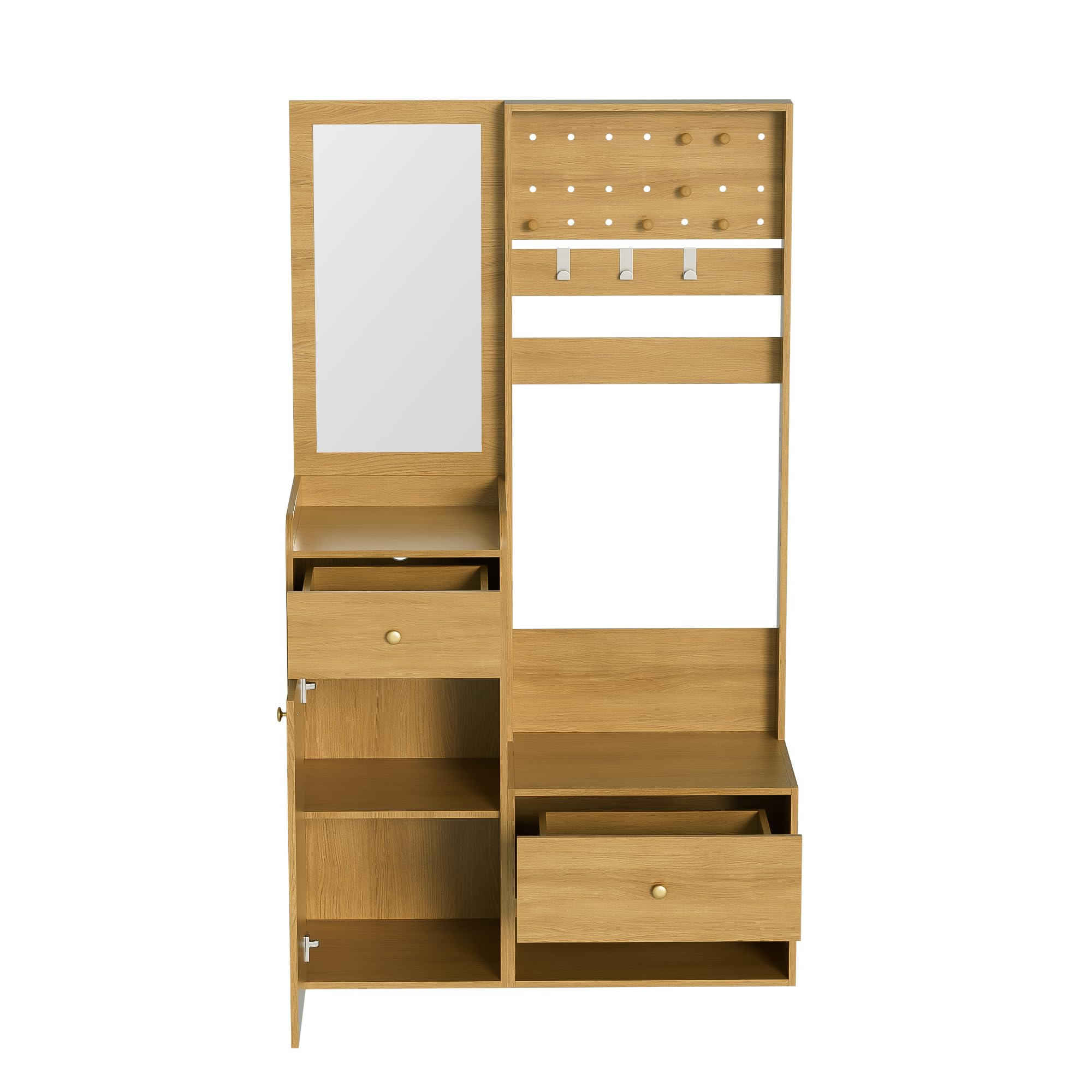 Perchero compacto de 105 cm, moderno y multifuncional, estantería de entrada elegante de color madera con espejo, ganchos ajustables y espaciosos estantes para zapatos