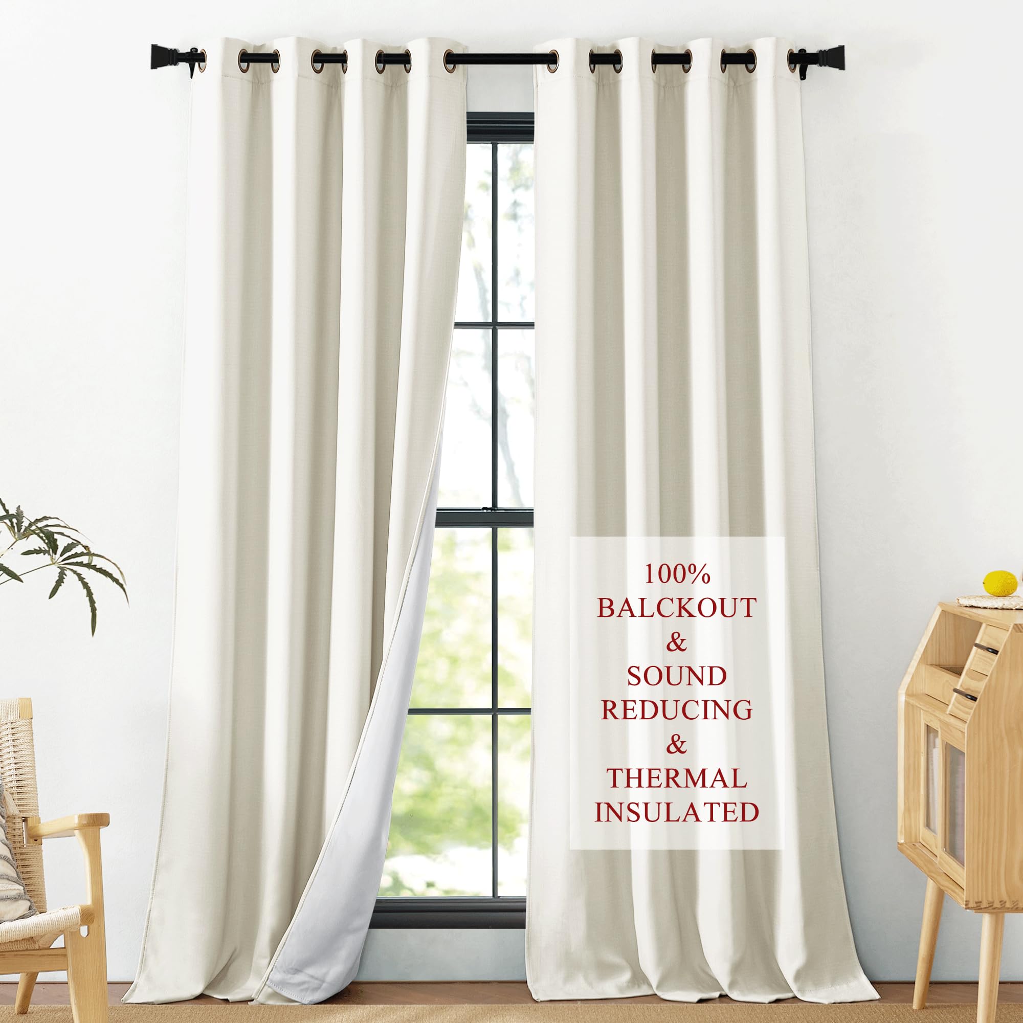 NICETOWN Thermal Insulated 100% Blackout Greyish White Faux Linen Curtains, Noise Reducing Performance Drapes with Felt Fabric Liner, Full Light Blocking Panels for Patio (1 Pair, 52" x 95")