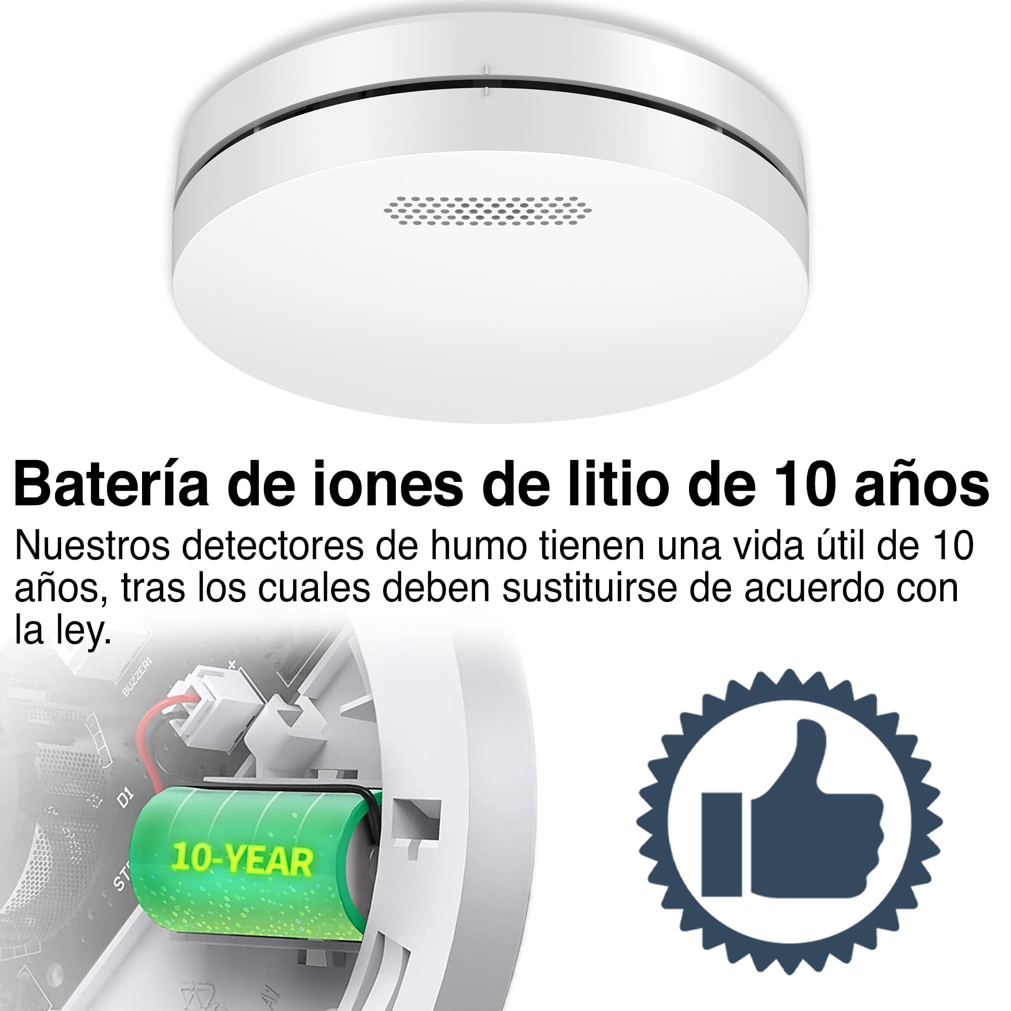 ALPENLUFT Detector de Humo 10 años de batería, Detector de Incendios, Smoke Detector, Sin perforación, Sin LED Intermitente, para hogar (Set con 1)