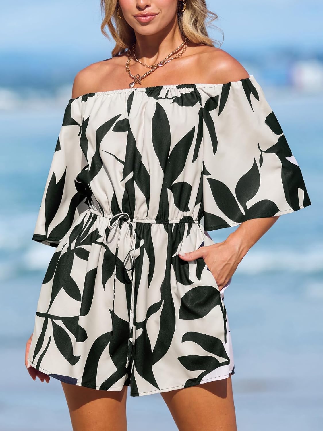CUPSHE Women's Summer Casual 3/4 Sleeve Romper Wide Leg Floral Tropical Off Shoulder Elastic Waist Jumpsuit with Pockets - Image 3