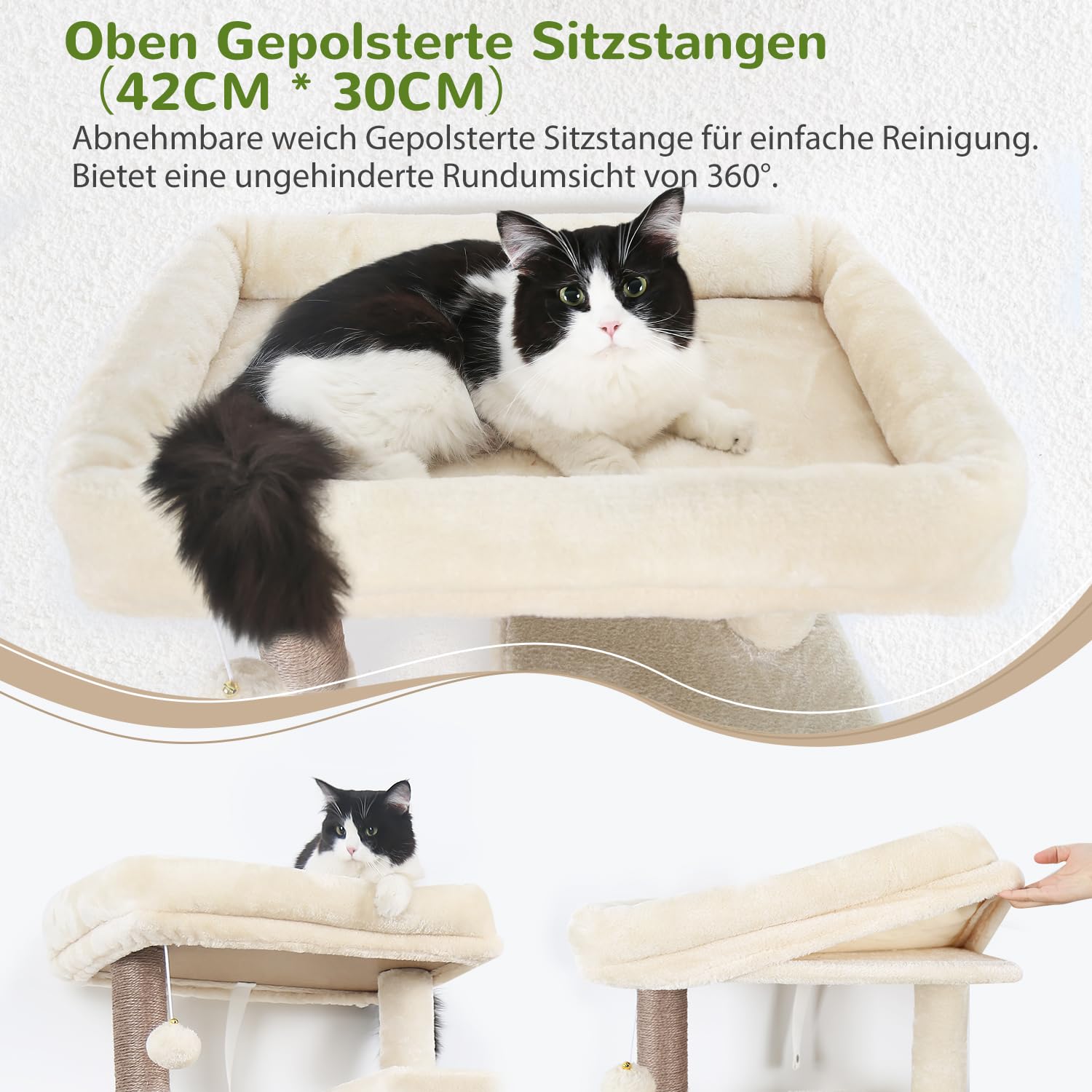 Globlazer F70 Pro Kratzbaum Groß Beige 180cm mit hängematte für 2-4 Katze | XXL Stabil Katzenbaum mit 2 Katzenhaus, Gepolsterte Plattformen, Kratzrampe Sisal, für Große Katzen Ausruhen Spielen