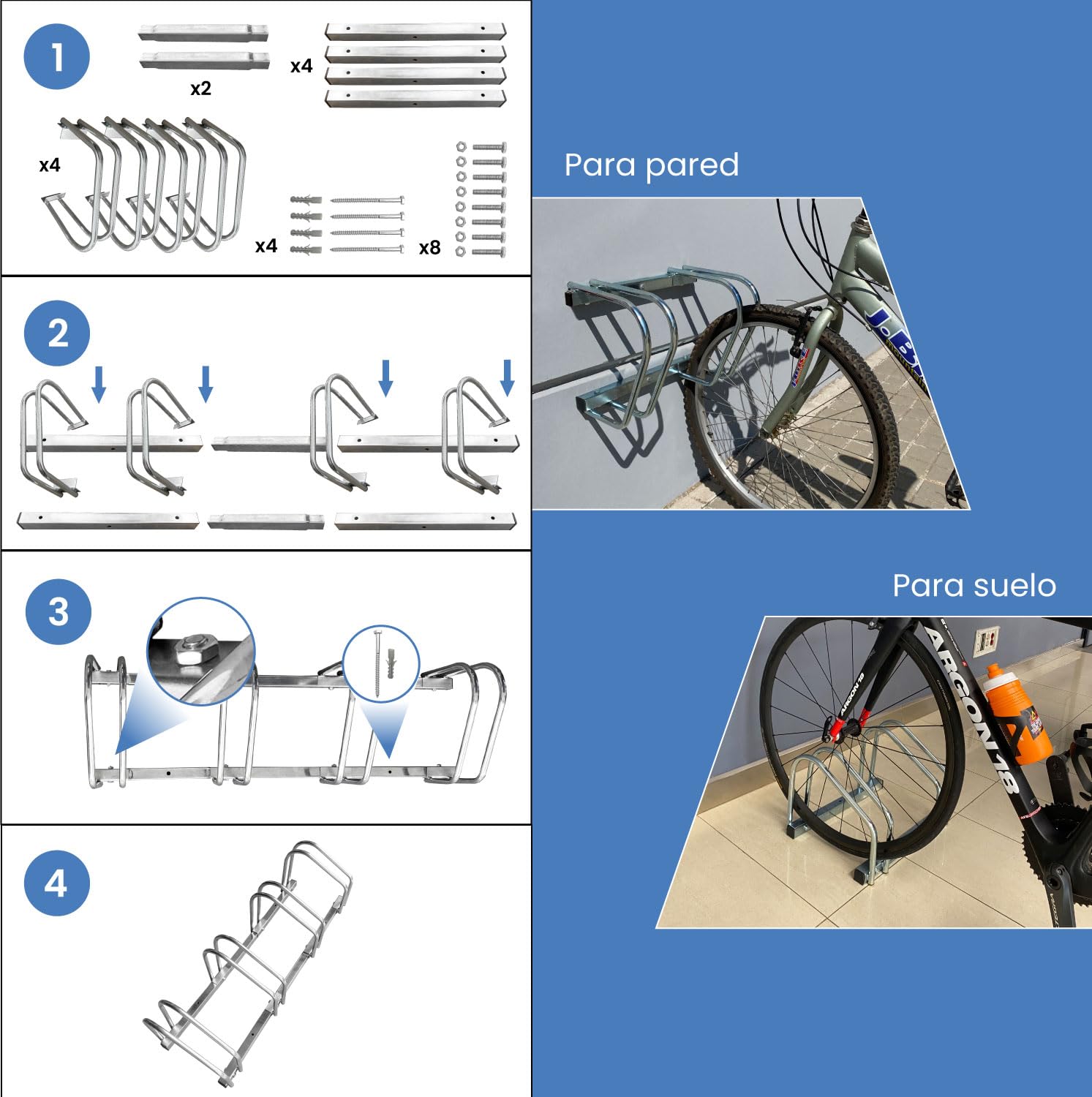 ADO - Rack – Aparcamiento para estacionar 2 Bicicletas en Suelo o Pared | Soporte para aparcar la bicicleta en acero galvanizado (4- Bicicletas)